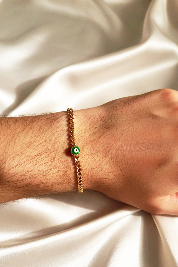 Unisex Gold Curb Chain Bracelet with Green Evil Eye Charm