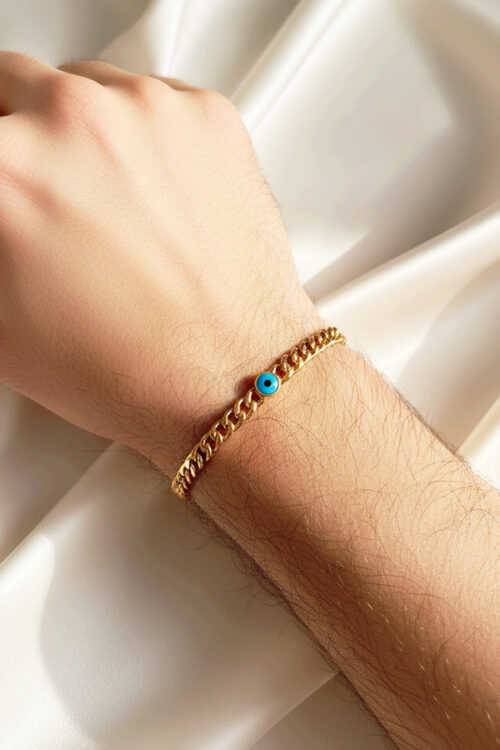Classic Gold Curb Chain Bracelet with Central Evil Eye Charm