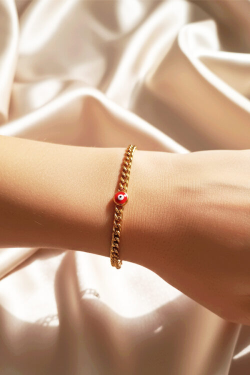 Chic Gold Curb Chain Bracelet with Vibrant Red Evil Eye Charm
