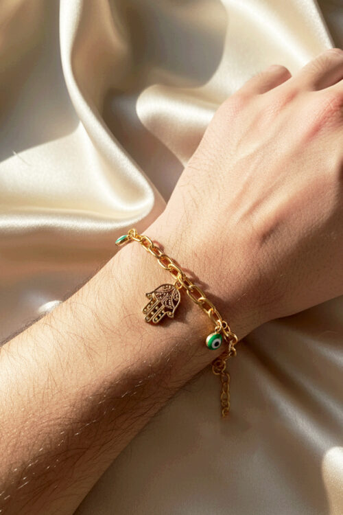 Chic Gold Link Chain Bracelet with Hamsa Hand & Evil Eye Charms