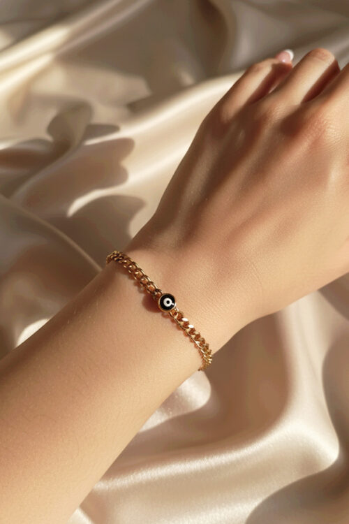 Classic Gold Curb Chain Bracelet with Bold Black Evil Eye Charm