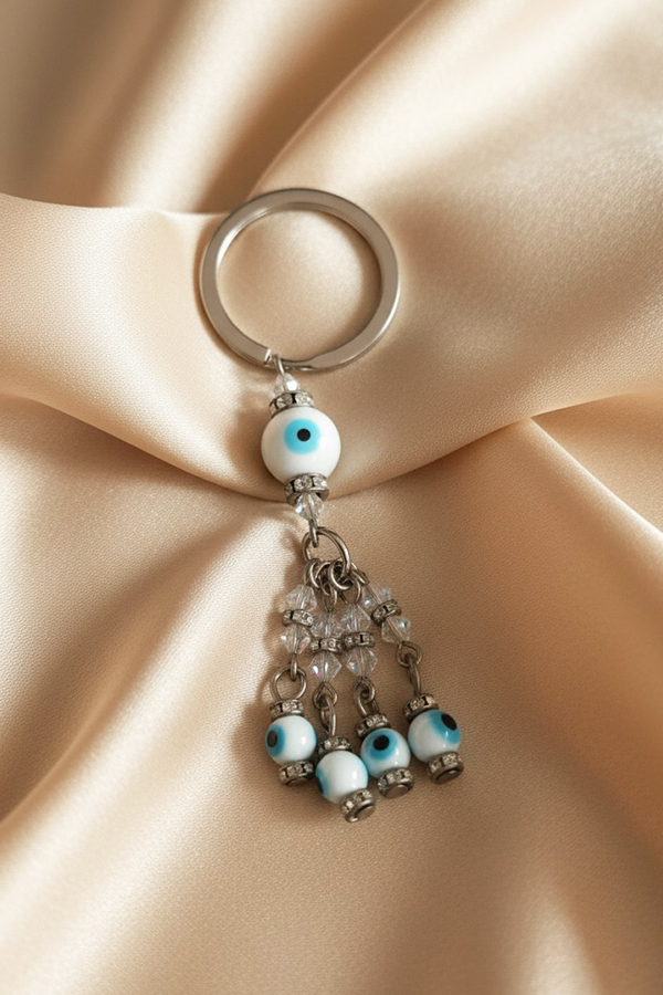 Luxurious Blue & White Evil Eye Tassel Keychain with Crystal Accents