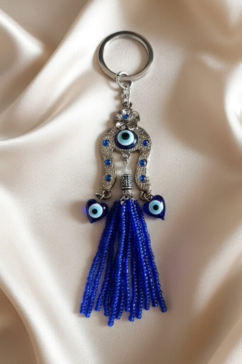 Luxurious Silver Tassel Keychain with Horseshoe & Multiple Evil Eye Charms