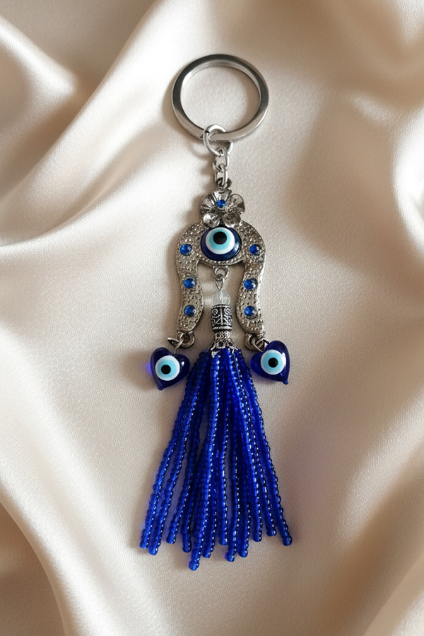 Luxurious Silver Tassel Keychain with Horseshoe & Multiple Evil Eye Charms