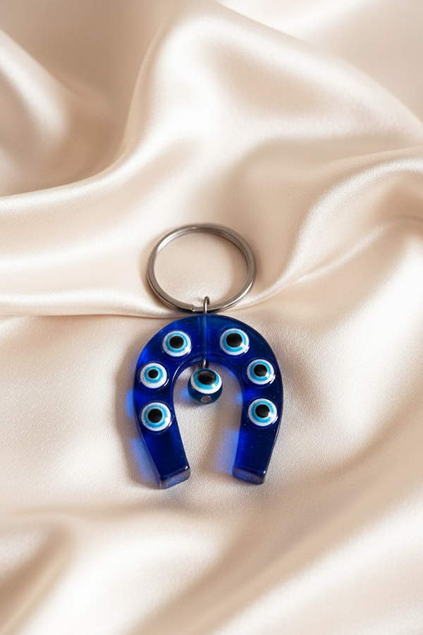 Lucky Blue Glass Horseshoe Keychain with Multiple Evil Eye Charms