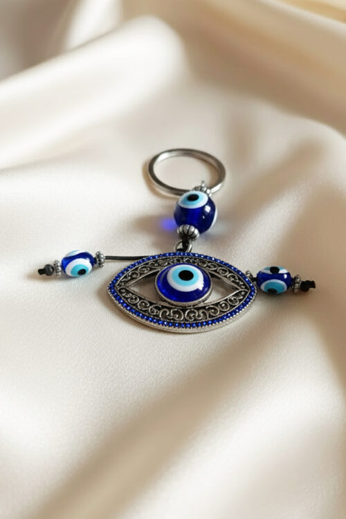 Intricate Silver Filigree Evil Eye Keychain with Micro-Crystal Accents