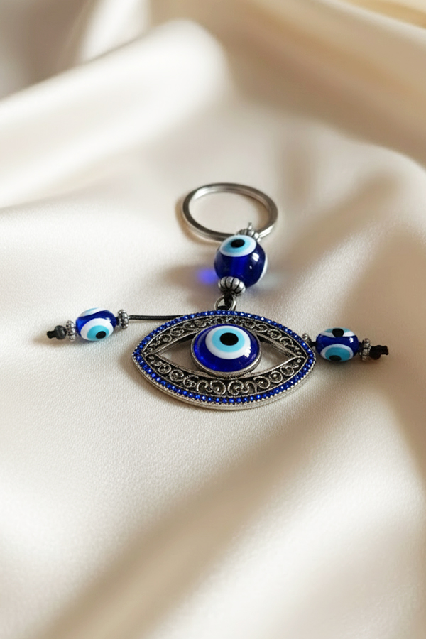 Intricate Silver Filigree Evil Eye Keychain with Micro-Crystal Accents