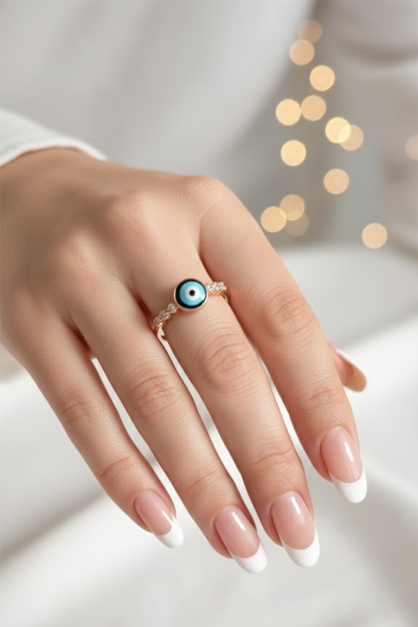 Elegant Adjustable Evil Eye Gold Ring – Symbol of Luck & Protection