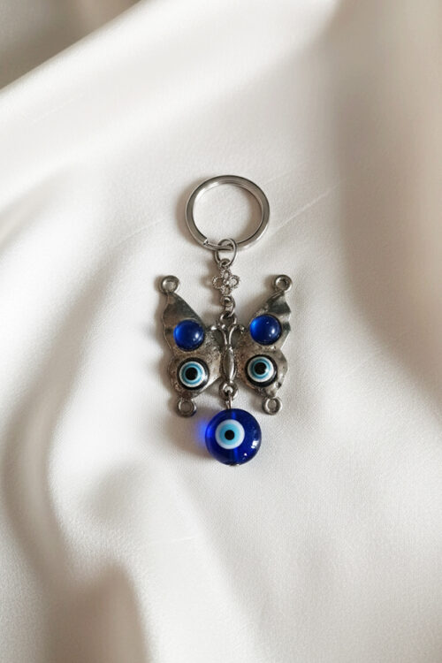 Antique Silver Butterfly & Evil Eye Protective Charm Keychain