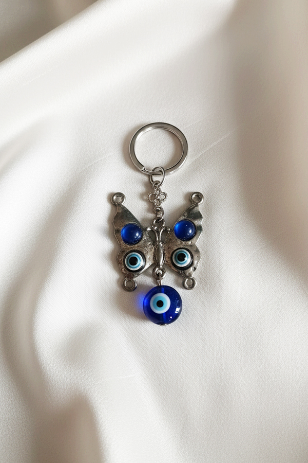 Antique Silver Butterfly & Evil Eye Protective Charm Keychain
