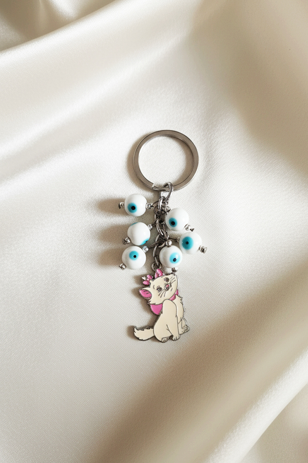 Charming Marie Cat & Cluster Evil Eye Bead Keychain
