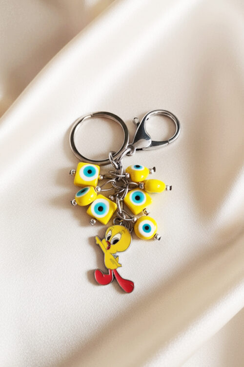 Fun Tweety Bird Charm Keychain with Yellow Evil Eye Tassel