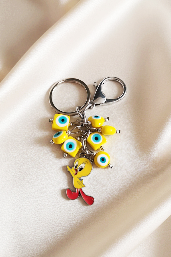Fun Tweety Bird Charm Keychain with Yellow Evil Eye Tassel