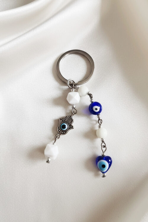 Silver Hamsa Hand & Heart Evil Eye Beaded Charm Keychain