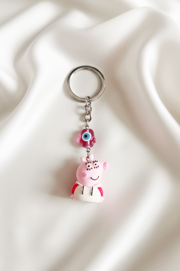 Playful Peppa Pig Charm Keychain with Pink Flower Evil Eye Protection