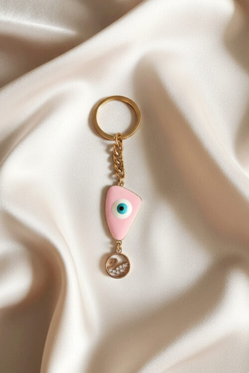 Chic Gold & Pink Evil Eye Keychain with Floating Crystal Charm