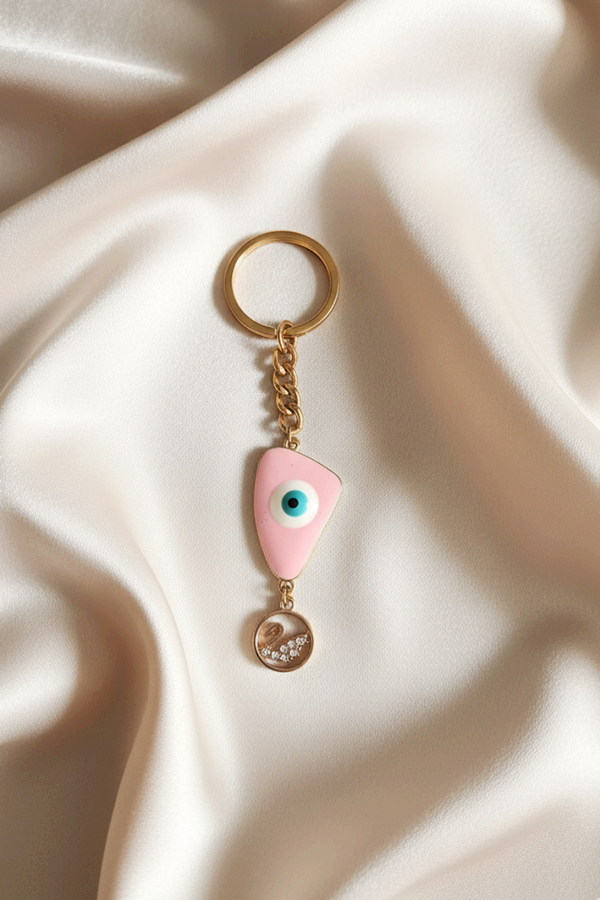 Chic Gold & Pink Evil Eye Keychain with Floating Crystal Charm