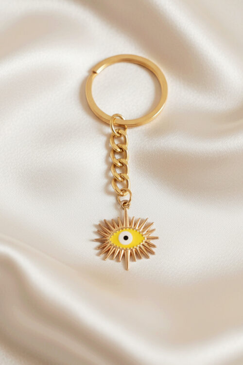Bold Gold Sunburst Evil Eye Keychain in Yellow Enamel