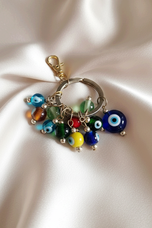 Vibrant Multi-Color Glass Bead Evil Eye Cluster Keychain