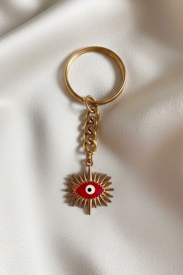Bold Gold Sunburst Evil Eye Keychain in Ruby Red Enamel
