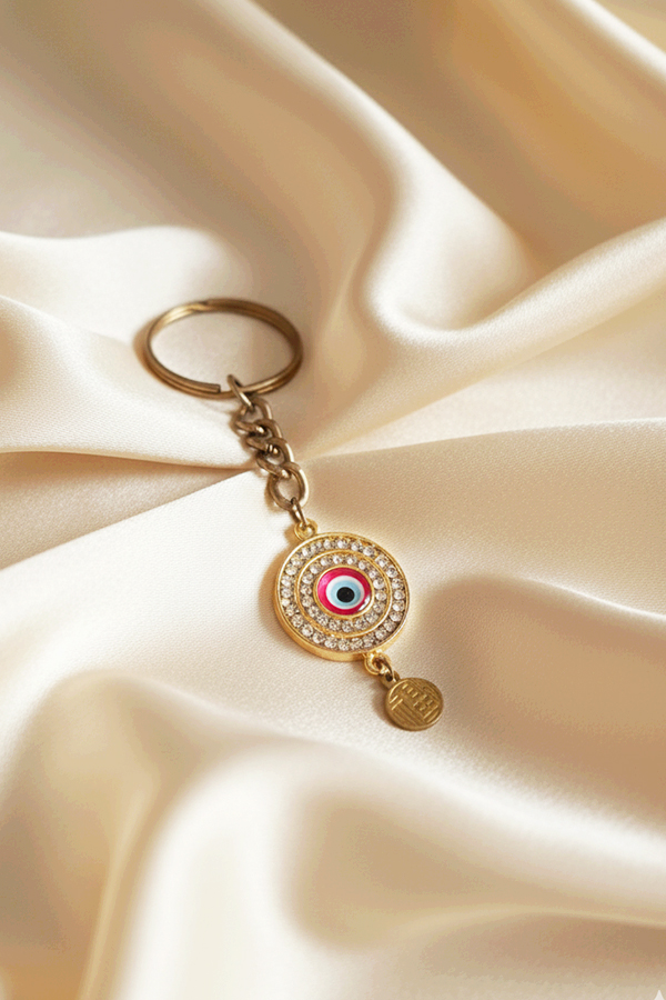 Luxurious Gold & Pave Crystal Evil Eye Keychain with Mini Charm