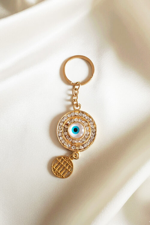 Dazzling Gold & Pave Crystal Evil Eye Keychain with Mini Medallion