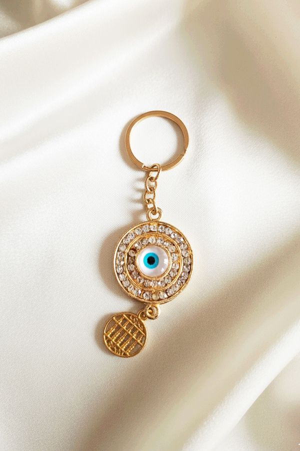 Dazzling Gold & Pave Crystal Evil Eye Keychain with Mini Medallion