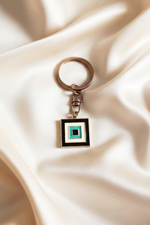 Chic Rose Gold Square Geometric Evil Eye Keychain in Black & Teal Enamel
