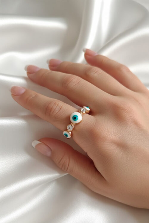Triple Evil Eye Gold Plated Protection Ring – Elegant Symbol of Positivity