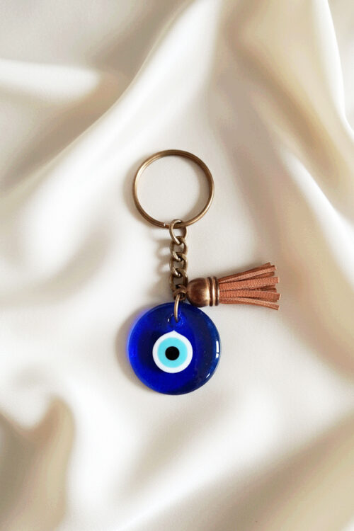 Classic Deep Blue Glass Evil Eye Keychain with Faux Leather Tassel