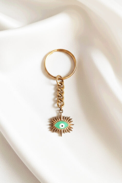Striking Gold Sunburst Evil Eye Keychain in Mint Green Enamel