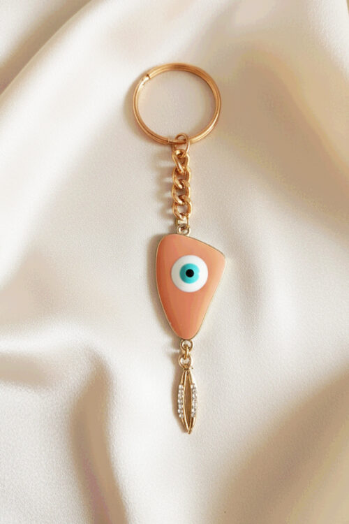 Chic Gold Evil Eye Keychain with Peach Enamel & Crystal Dangle