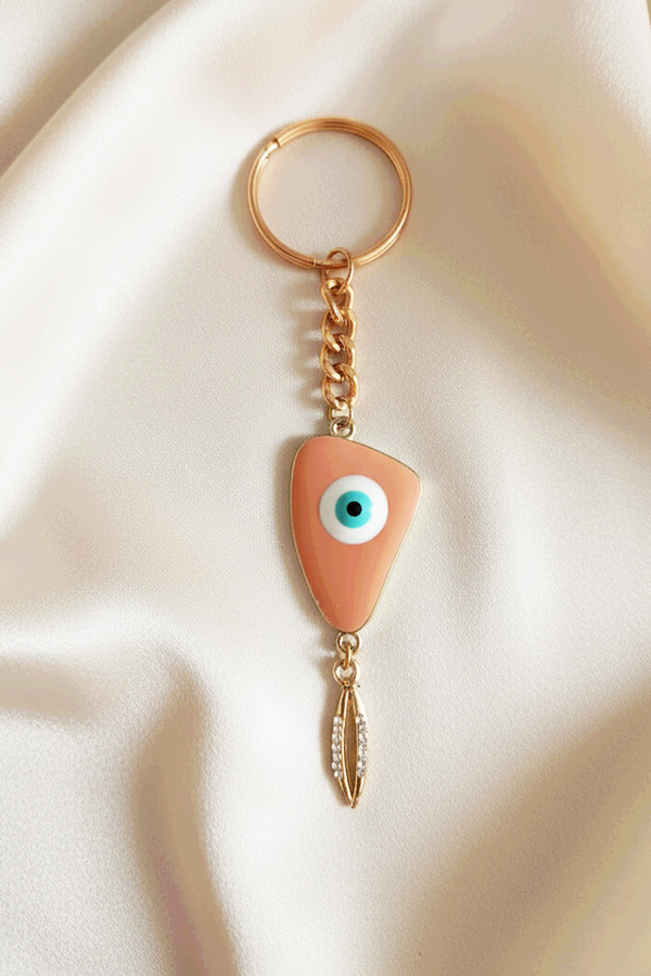 Chic Gold Evil Eye Keychain with Peach Enamel & Crystal Dangle