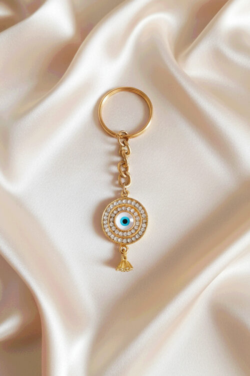 Luxurious Gold Evil Eye Keychain with Pave Crystal Halo & Tassel