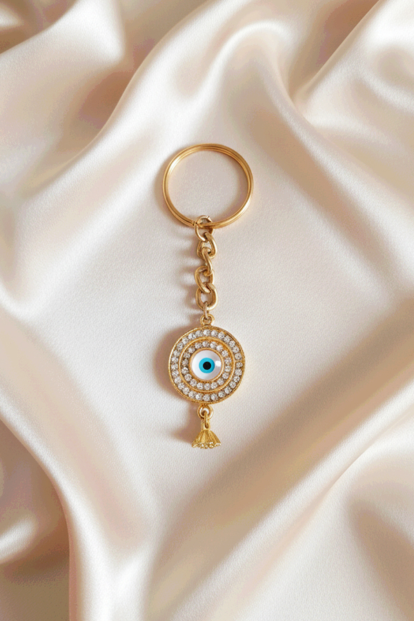 Luxurious Gold Evil Eye Keychain with Pave Crystal Halo & Tassel
