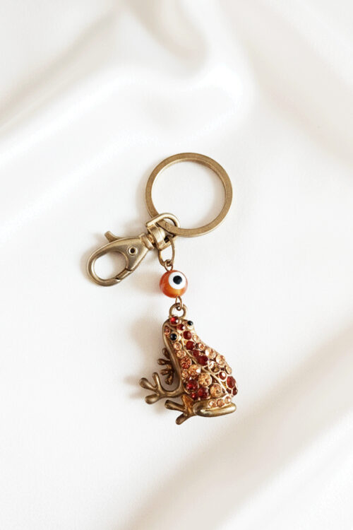 Lucky Jeweled Frog & Evil Eye Keychain in Antique Bronze