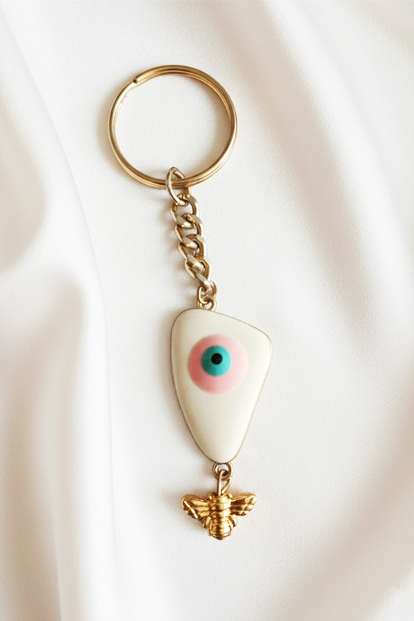 Chic Gold & White Evil Eye Keychain with Lucky Bee Charm