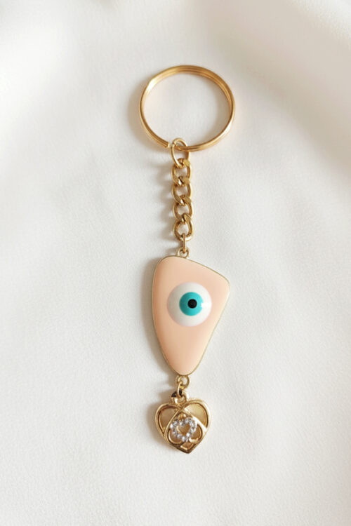 Chic Gold Evil Eye Keychain with Peach Enamel & Crystal Heart Charm
