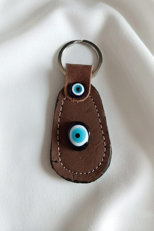 Rustic Brown Leather Evil Eye Keychain with Glass Bead