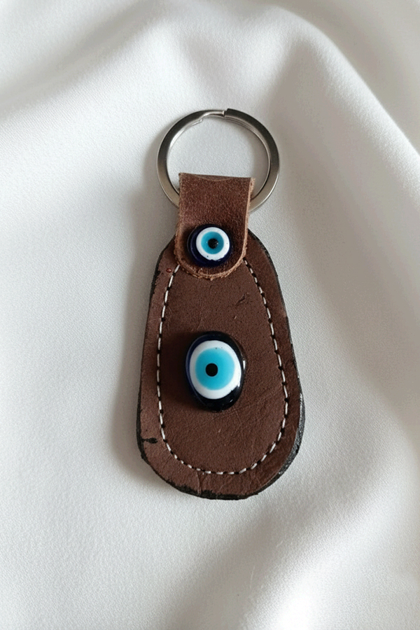 Rustic Brown Leather Evil Eye Keychain with Glass Bead