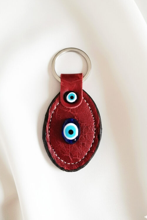 Striking Red Leather Evil Eye Keychain with Glass Bead