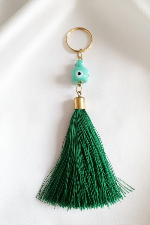 Luxurious Gold & Teal Evil Eye Keychain with Bold Green Tassel
