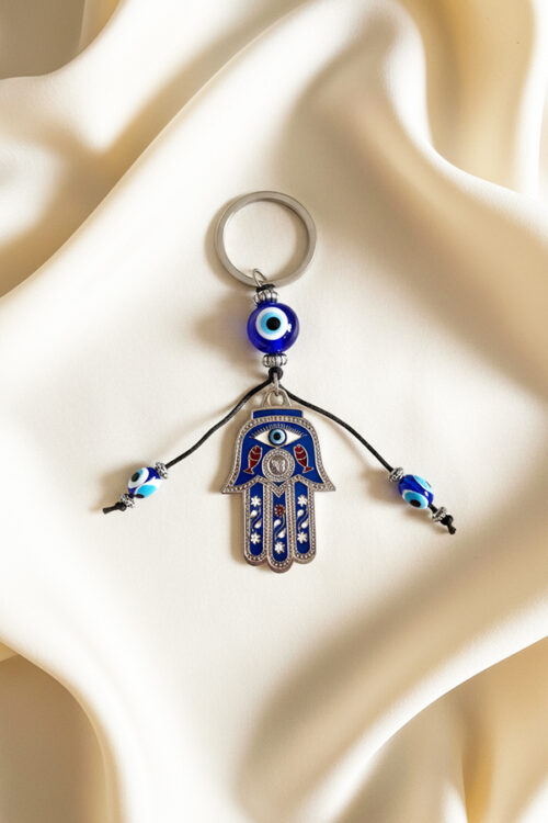 Intricate Silver & Blue Hamsa Hand Keychain with Evil Eye Charms