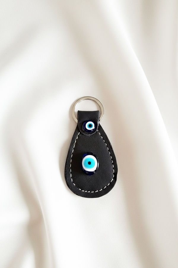 Sleek Black Leather Evil Eye Keychain with Glass Bead