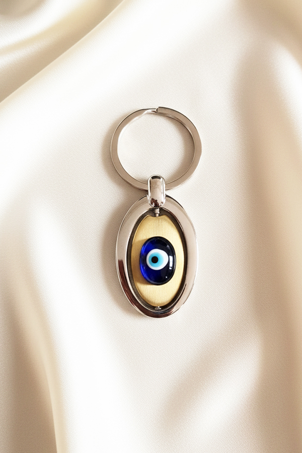 Luxury Oval Evil Eye Keychain with Mixed-Metal Inlay