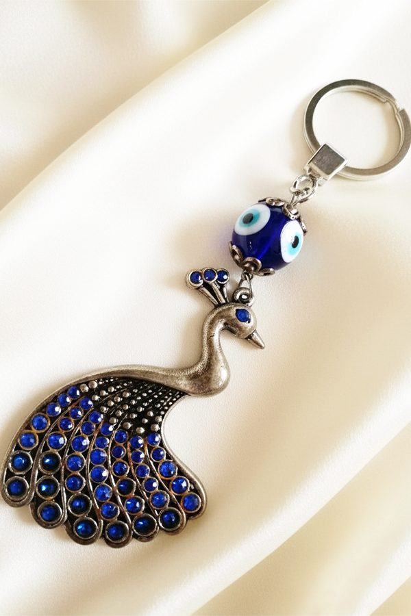 Luxurious Silver Peacock & Evil Eye Keychain with Blue Gemstones