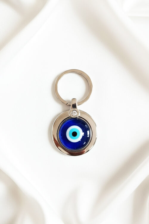 Classic Silver Medallion Evil Eye Keychain with Crystal Detail