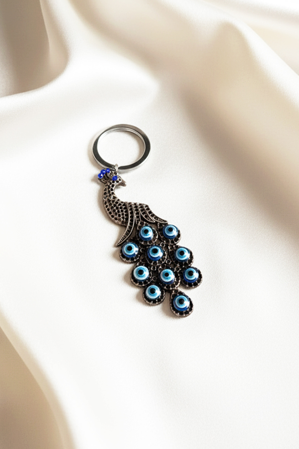 Striking Peacock Evil Eye Charm Keychain in Dark Silver Tone