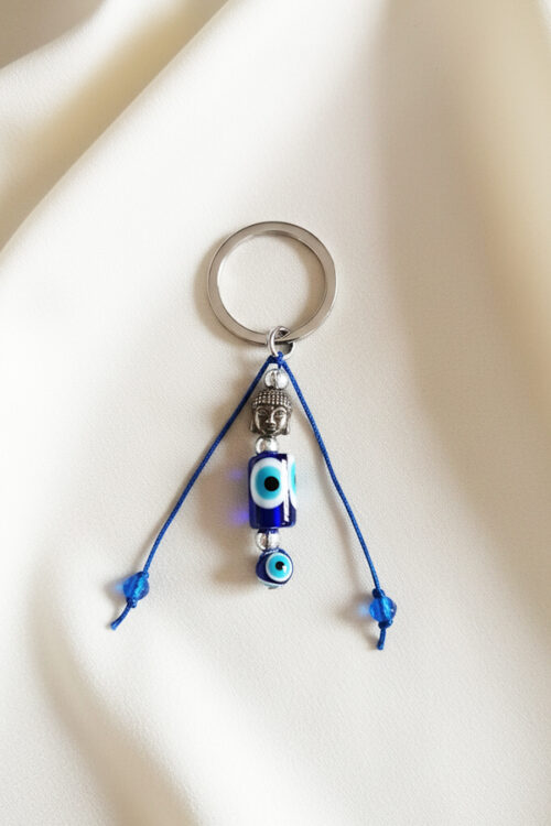 Spiritual Buddha & Evil Eye Protection Keychain with Blue Cord