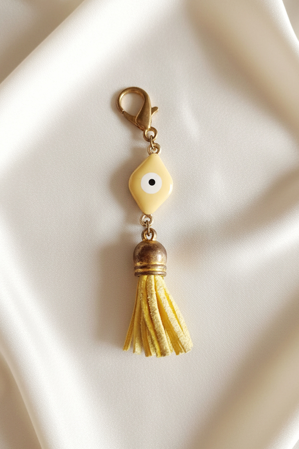 Chic Gold Evil Eye Keychain with Yellow Geometric Charm & Tassel